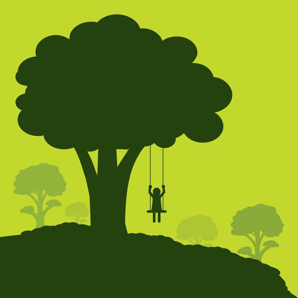 silhouette of a child playing on a swing beside a big tree vector