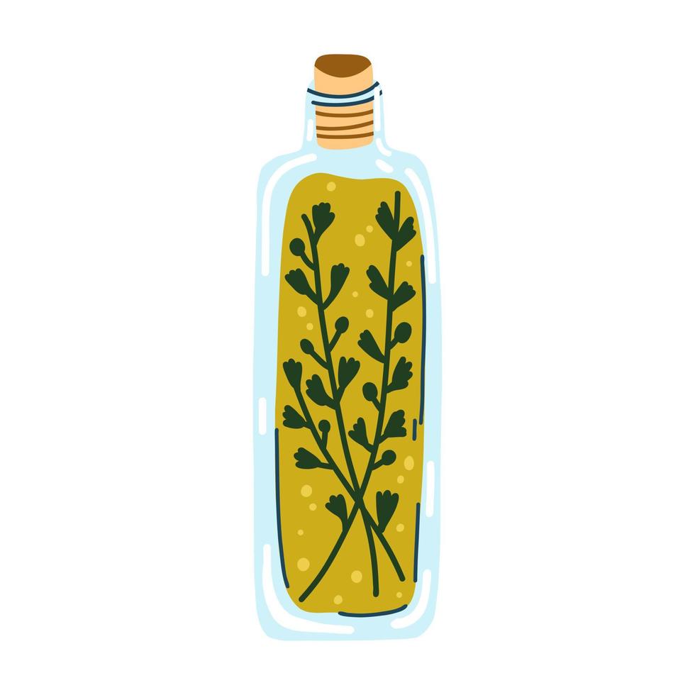 Vector illustration of glass jar with olive oil and herbs in cartoon flat style. Mediterranean food, healthy eating, oil bottle, ingredients for cooking.