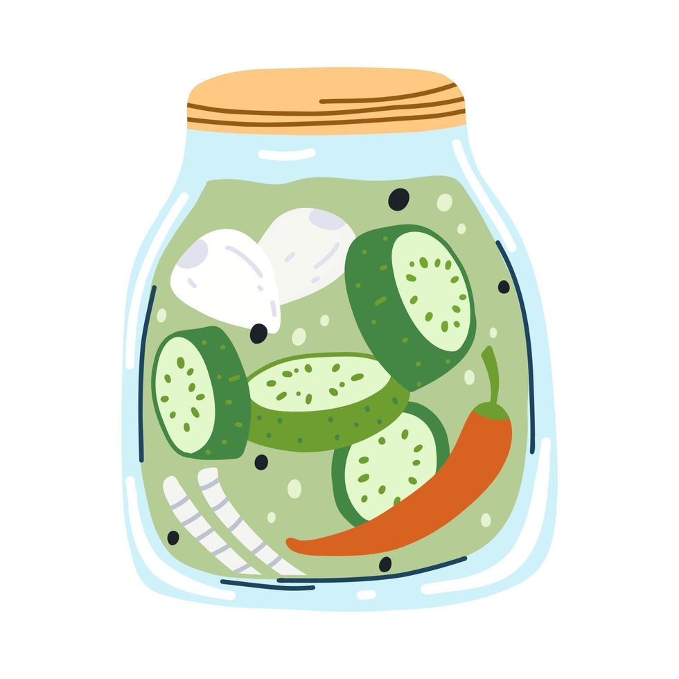 Home made cucumber pickles or vegetable marrow with with garlic, onion and hot pepper, canned vegetables in cartoon hand drawn flat style. Vector illustration of glass jar with preserved food