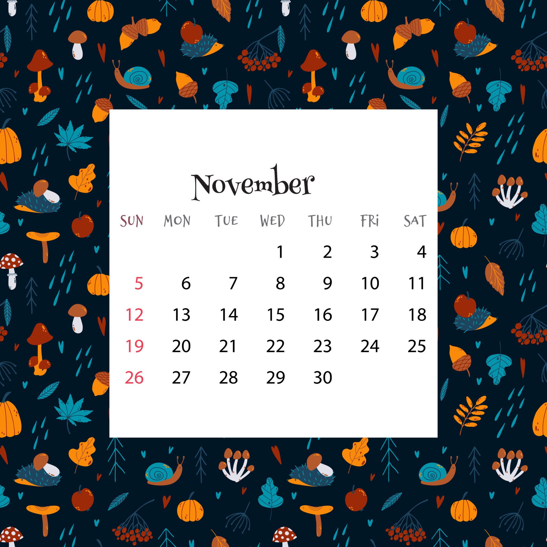 2023 Calendar for November. Vector illustration of month calendar on  seamless pattern with cute hedgehogs, leaves, mushrooms in cartoon flat  style. Colorful backgroud with month grid. 11380160 Vector Art at Vecteezy
