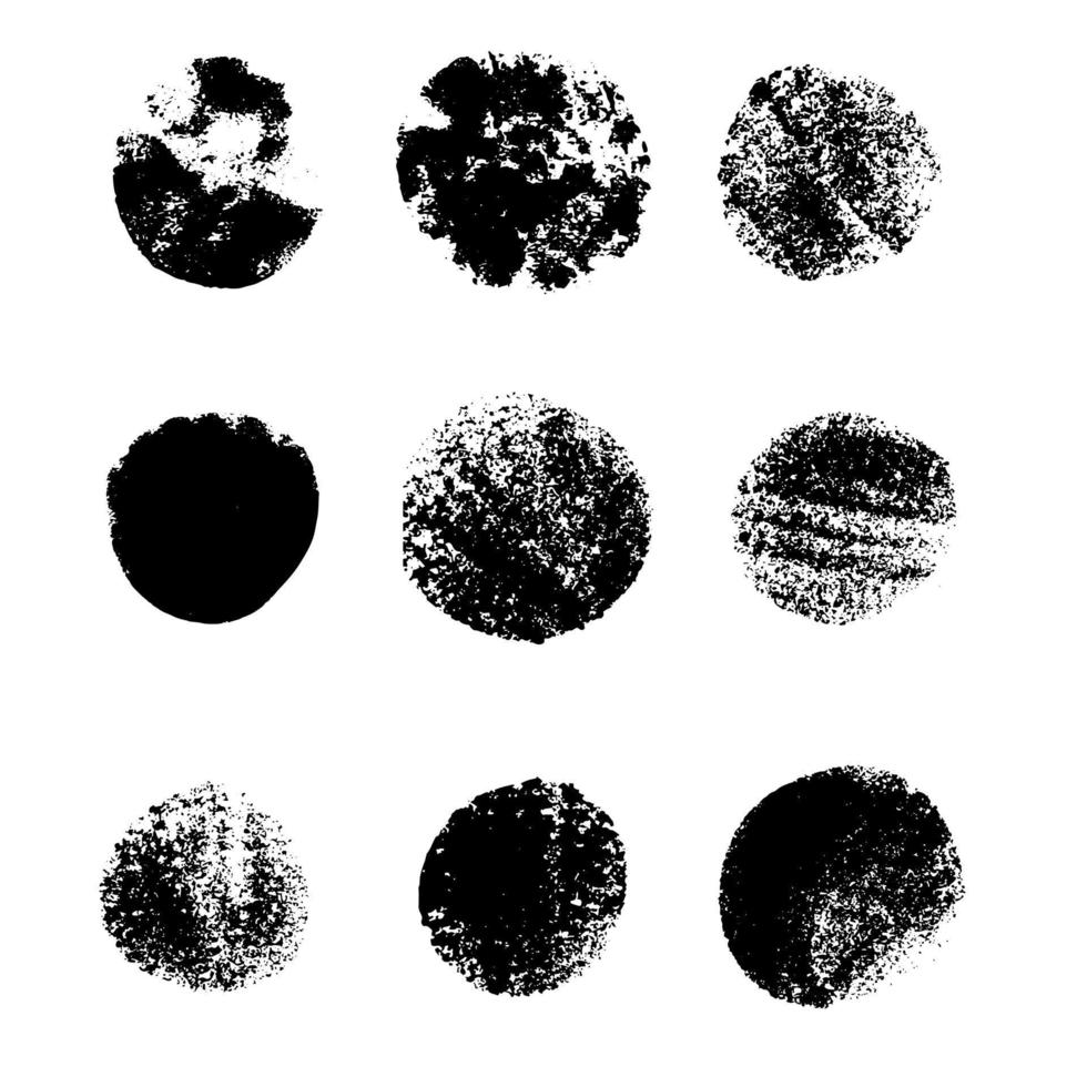 Hand drawn ink black grunge post stamps. Set of texture vector circles. Blank round shapes isolated on white background.