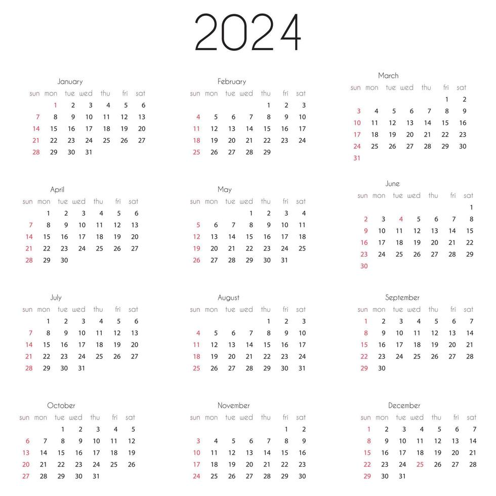 2024 Calendar year template. Vector illustration of annual calendar 2024, 12 month grid, week starts on Sunday.