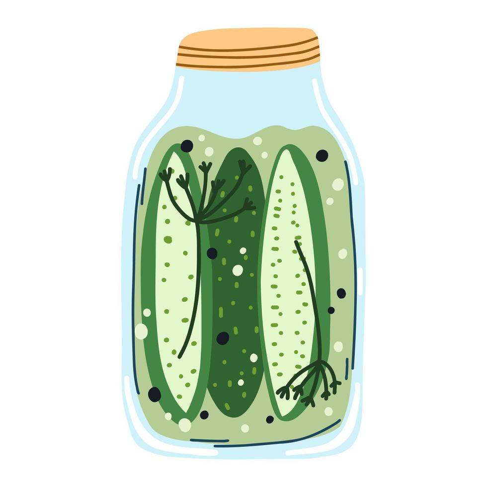 Home made cucumber pickles, canned vegetables in cartoon hand drawn flat style. Vector illustration of glass jar with preserved food. Autumn harvest season, marinated veggies.