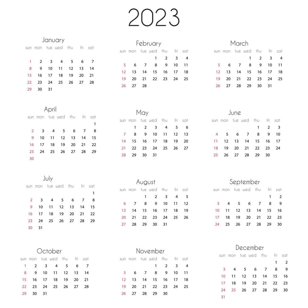 2023 Calendar year template. Vector illustration of annual calendar 2023, 12 month grid, week starts on Sunday.