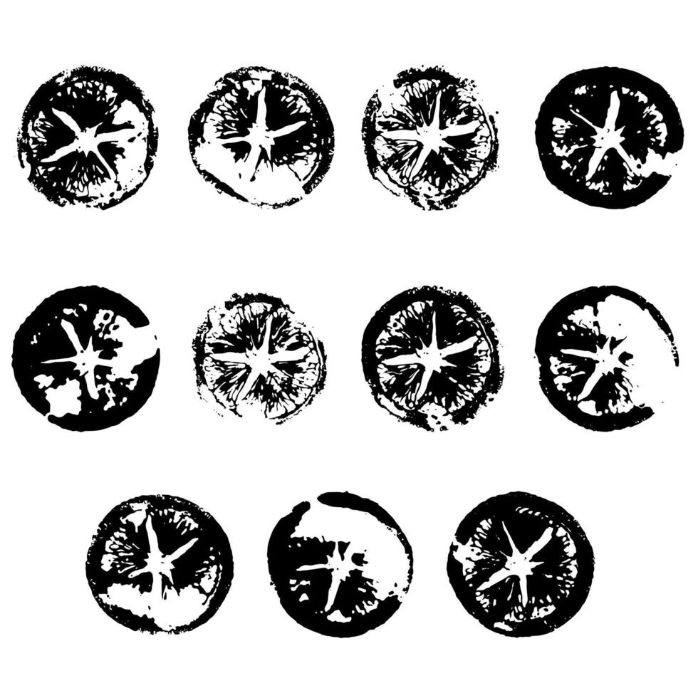 Hand drawn ink black grunge post stamps. Set of texture vector circles, orange print. Round shapes isolated on white background.