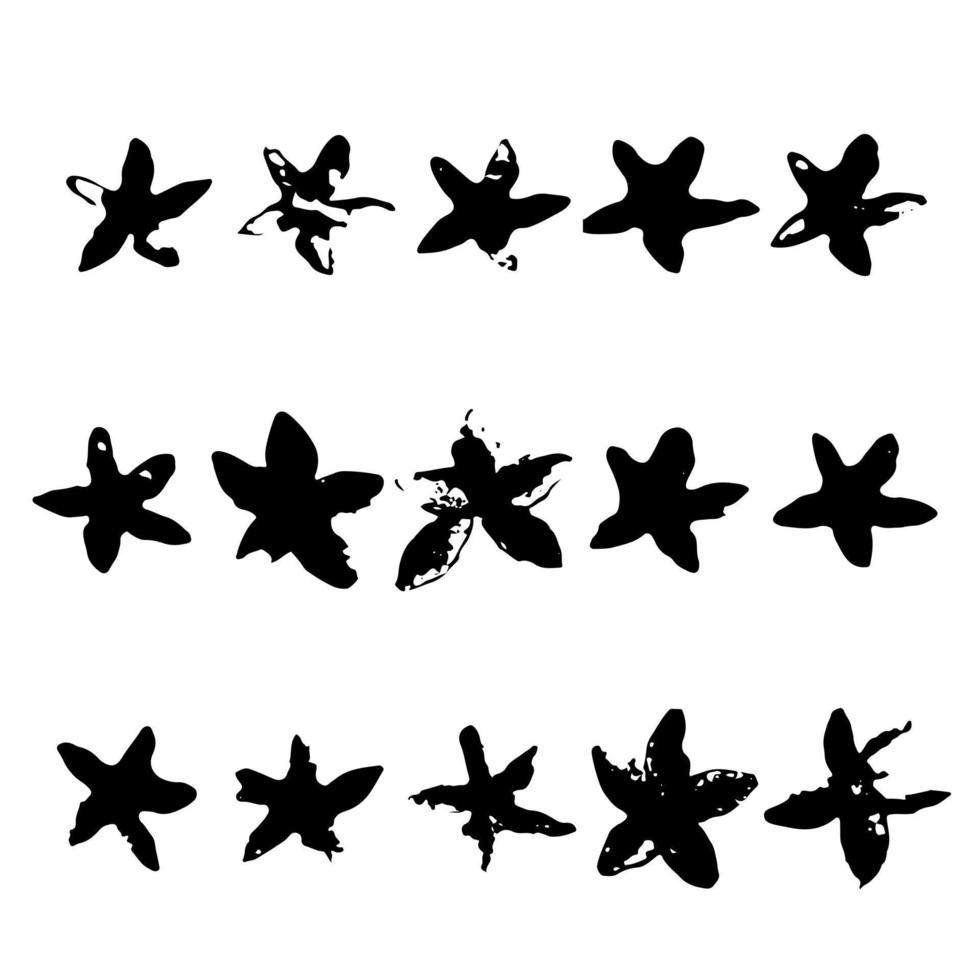 impresión de tinta vectorial de estrellas grunge. conjunto de flores de pintura negra dibujadas a mano aisladas sobre fondo blanco. dibujo de pincel abstracto. vector