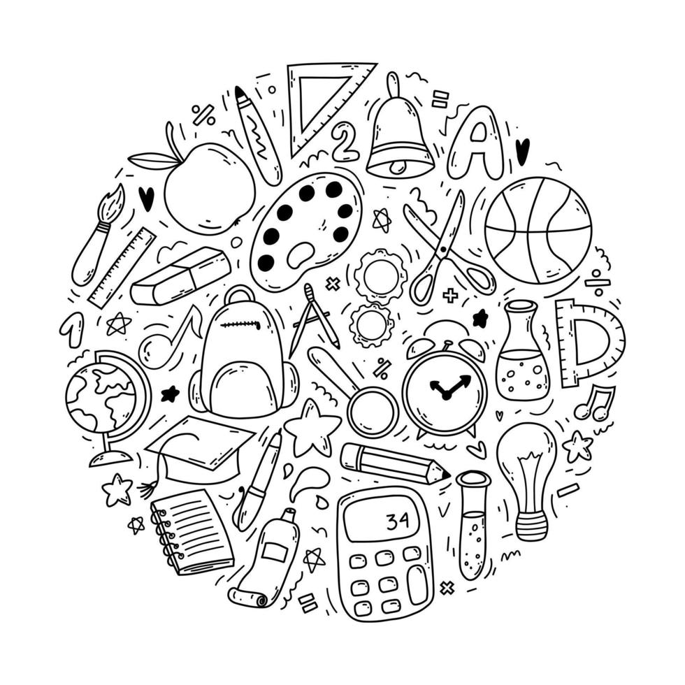 conjunto de elementos de garabatos asociados con la escuela y el conocimiento en un círculo. concepto de regreso a la escuela. útiles escolares como globo, regla, mochila, bolígrafo, pinturas. vector
