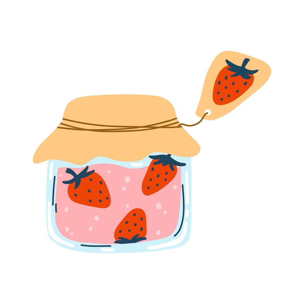 Home made strawberry jam, canned fruit in cartoon hand drawn flat style. Vector illustration of glass jar with preserved food, compote, marmalade. Autumn harvest season, stewed berries and fruits