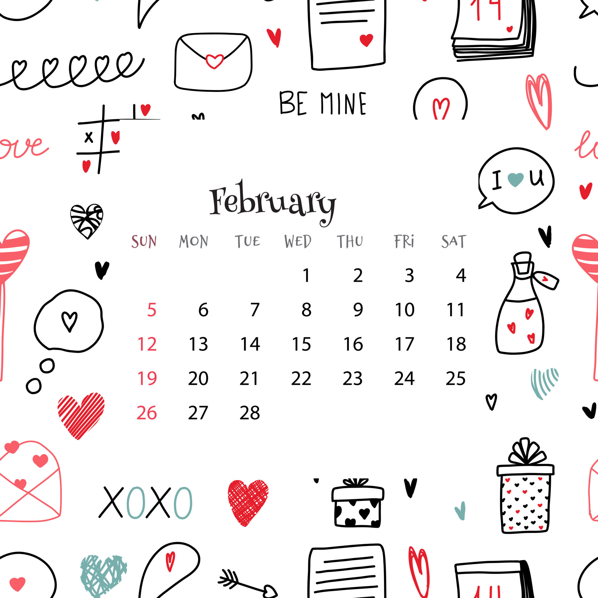 2023 Calendar For February. Vector Illustration Of Month Calendar On Blue  Background With Doodles. Seamless Cute Colorful Pattern For Valentine S Day  With Month Grid In Cartoon Flat Style. 11380210 Vector Art