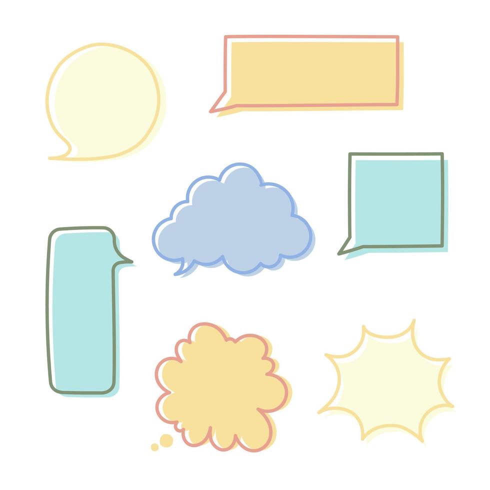 collection set of cute hand drawn line frame border, blank speech bubble balloon circle and square shape, think, speak, talk, text box, banner, flat design vector illustration
