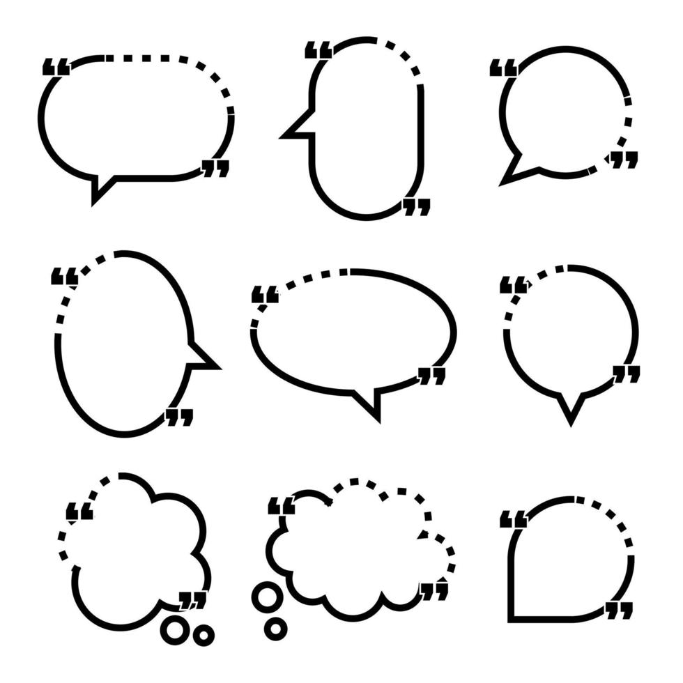 collection set of black and white line frame border, blank speech bubble balloon with quotation mark, think, speak, talk, text box, banner, flat design vector illustration