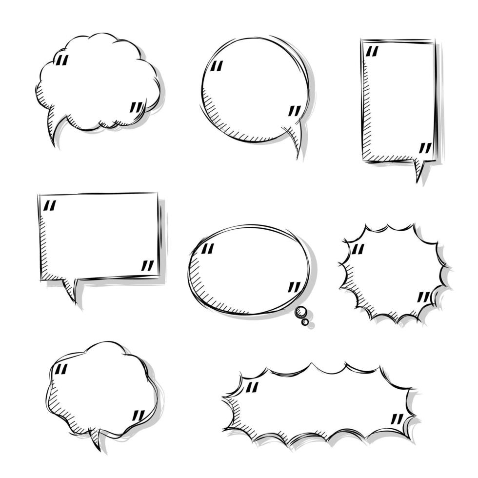 collection set of blank hand drawn speech bubble balloon with quotation marks, think speak talk whisper text box, flat vector illustration design isolated