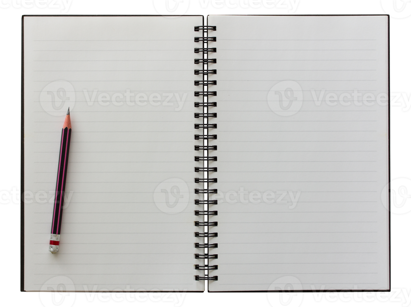 open spiral notebook and pencil isolated with clipping path for mockup png