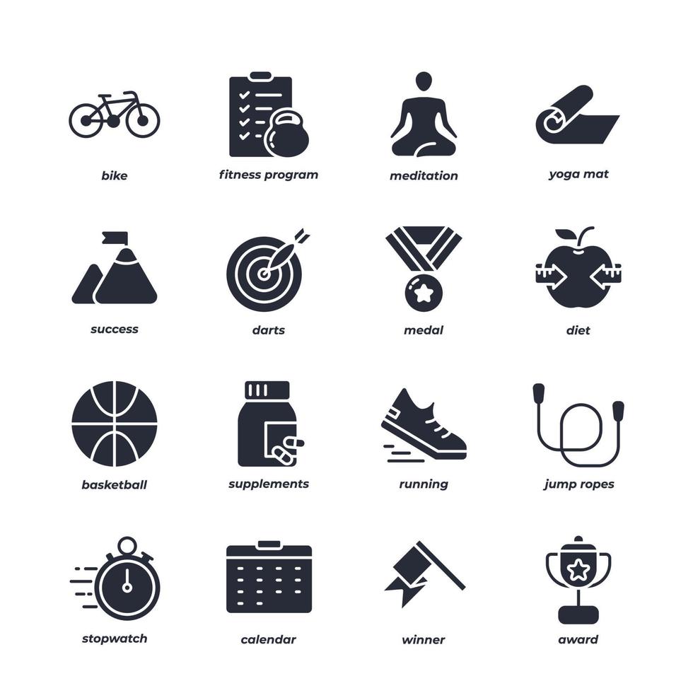 conjunto de iconos de vectores de fitness, colección de símbolos sólidos modernos, paquete de pictogramas de estilo relleno. signos, ilustración de logotipo.