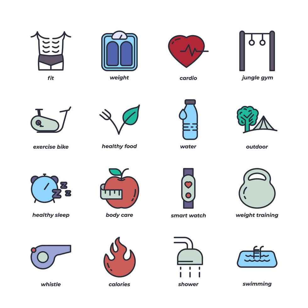 Fittness elements collection, flat icons set, Colorful symbols pack. Vector illustration. Flat style design