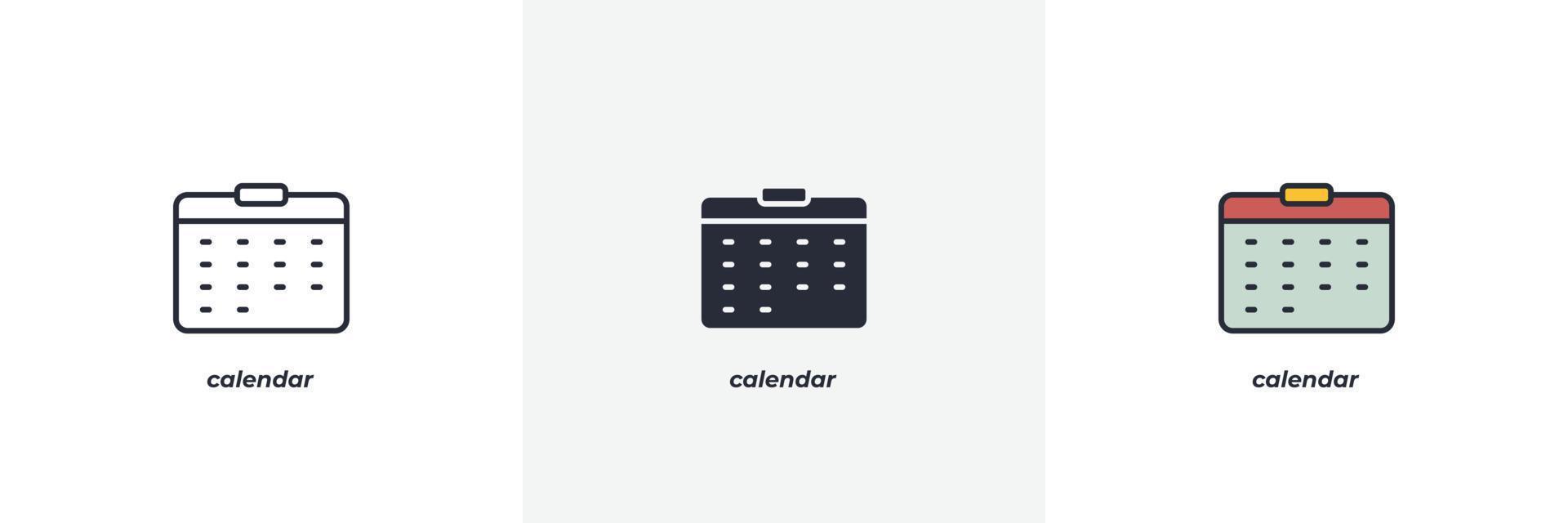 icono de calendario. línea, contorno sólido y relleno versión en color, contorno y signo de vector relleno. símbolo de idea, ilustración de logotipo. gráficos vectoriales