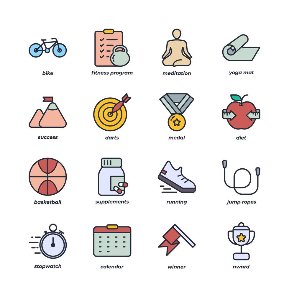 colección de elementos de fitness, conjunto de iconos planos, paquete de símbolos coloridos. ilustración vectorial diseño de estilo plano vector