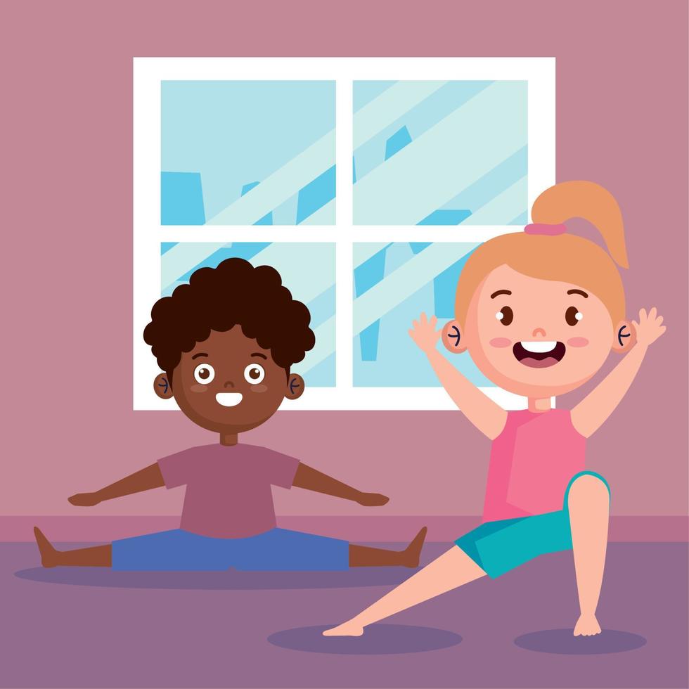 interracial kids couple practicing yoga vector
