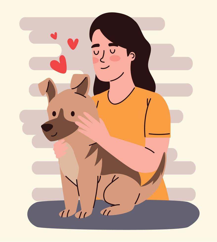 mujer acariciando y perro vector