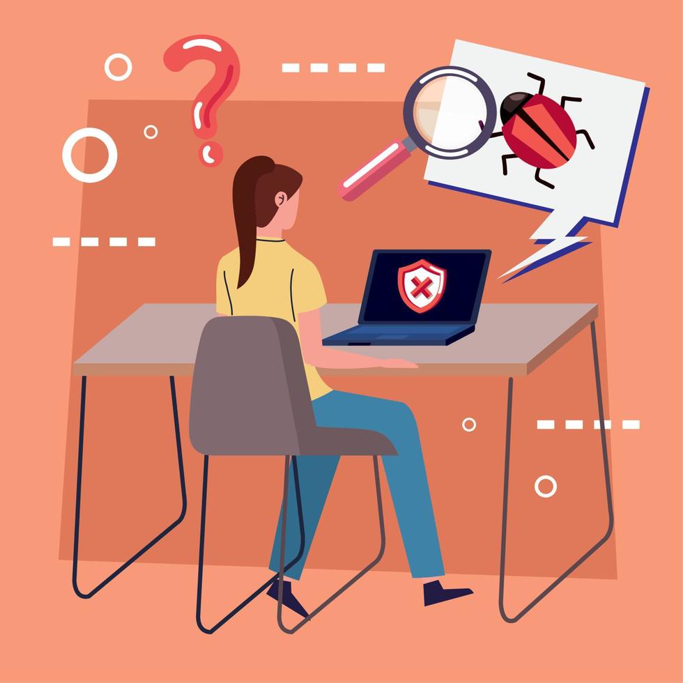 woman using laptop with bug vector