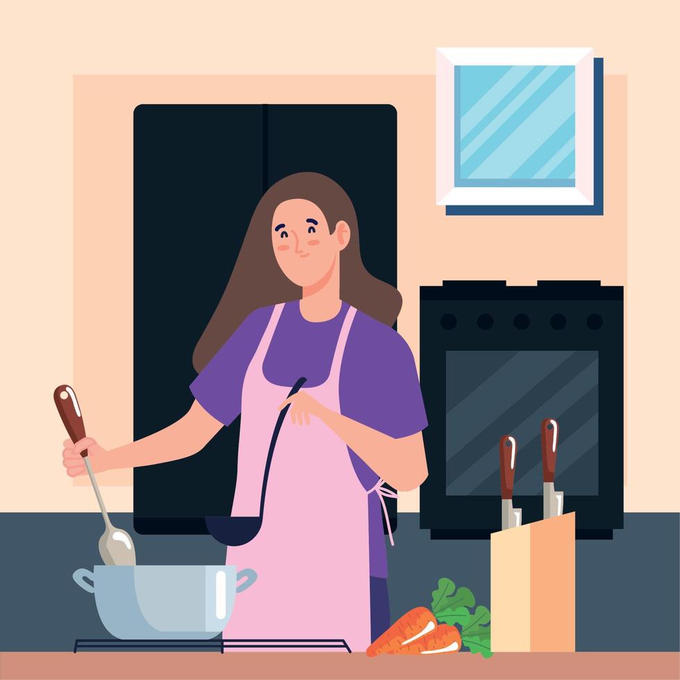 mujer cocinando con zanahorias frescas vector