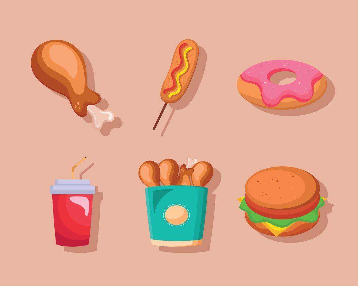 seis iconos de comida rápida vector