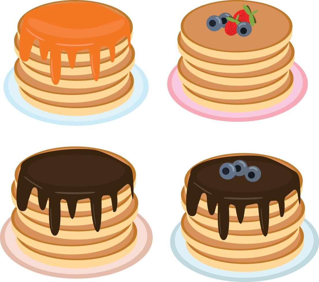 pancakes with maple syrup, honey, chocolate, blueberries and strawberries on a plate in flat style. set of elements for design. food, american dessert vector
