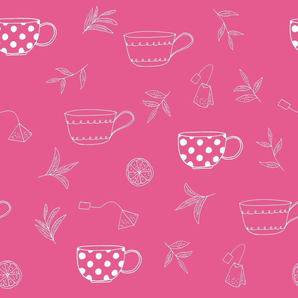 cups, tea leaves, tea bags, lemon slices seamless pattern hand drawn in doodle style. , minimalism, monochrome, scandinavian. wallpaper, wrapping paper, textiles background vector