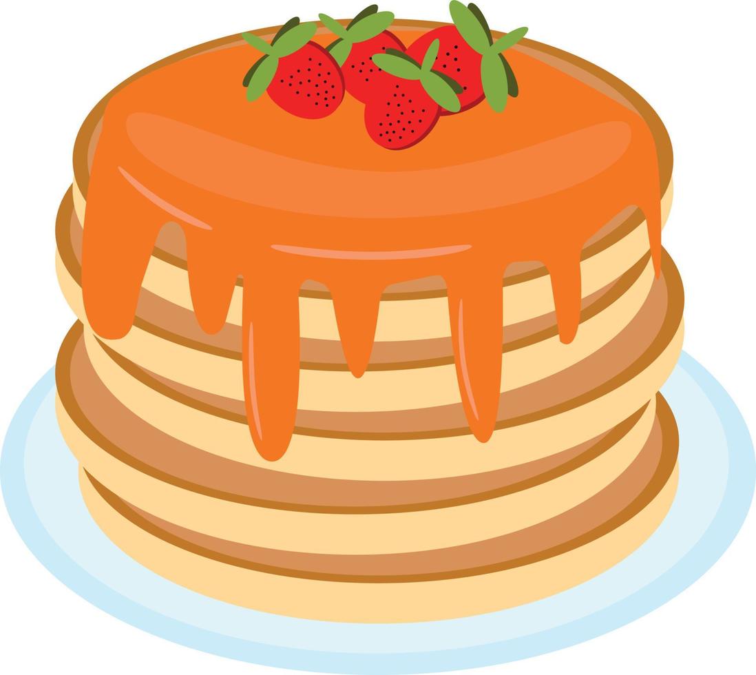 pancake with strawberries, maple syrup, honey on a plate in flat style. single element for design. food, american dessert vector