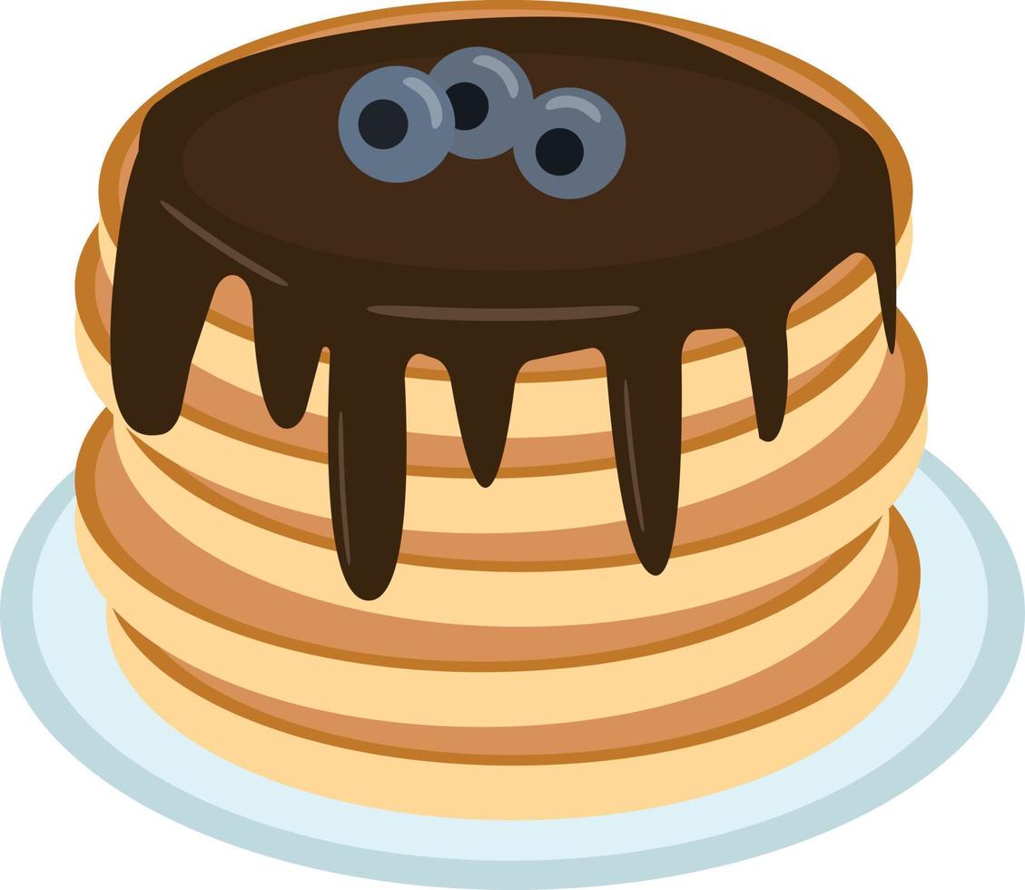 pancake with chocolate and blueberries on a plate in flat style. single element for design. food, american dessert vector