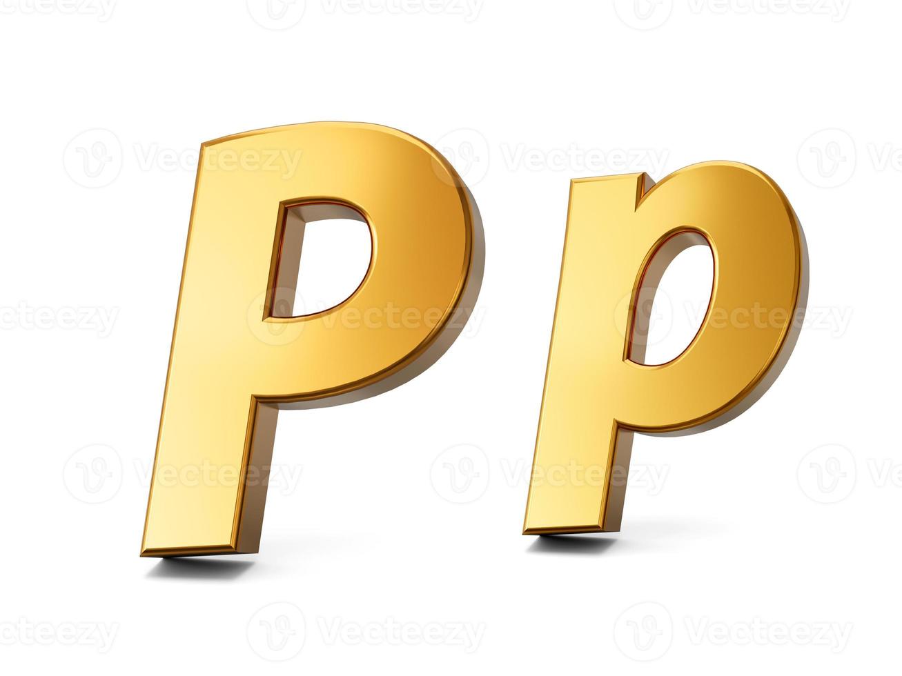 3d letter P in gold metal on a white isolated background, capital and small letter p 3d illustration photo