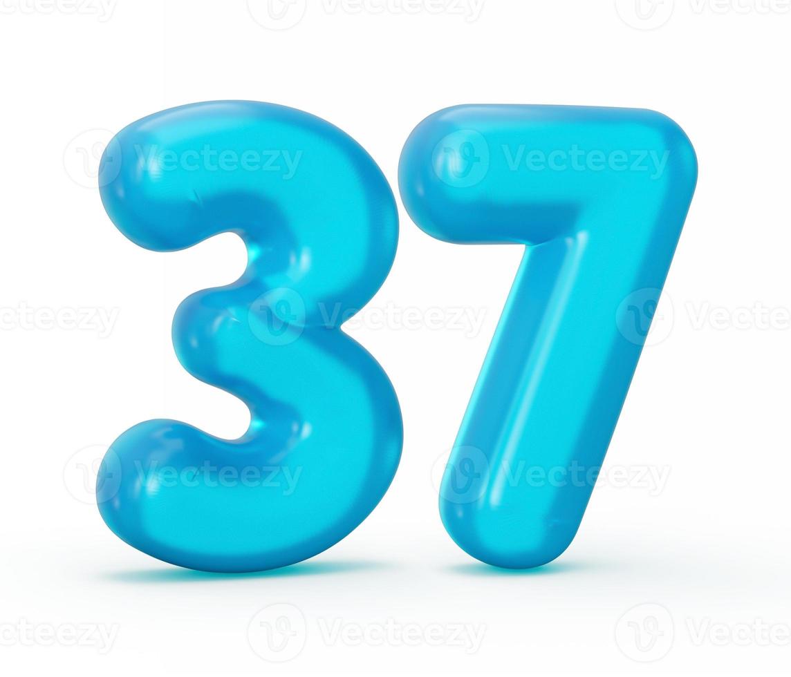 Blue jelly digit 37 thirty seven isolated on white background Jelly colorful alphabets numbers for kids 3d illustration photo