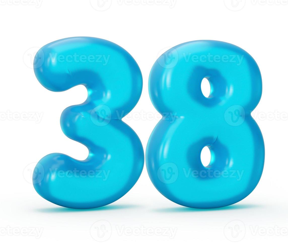 Blue jelly digit 38 thirty eight isolated on white background Jelly colorful alphabets numbers for kids 3d illustration photo