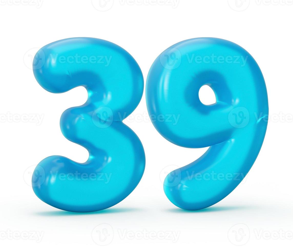 Blue jelly digit 39 thirty nine isolated on white background Jelly colorful alphabets numbers for kids 3d illustration photo