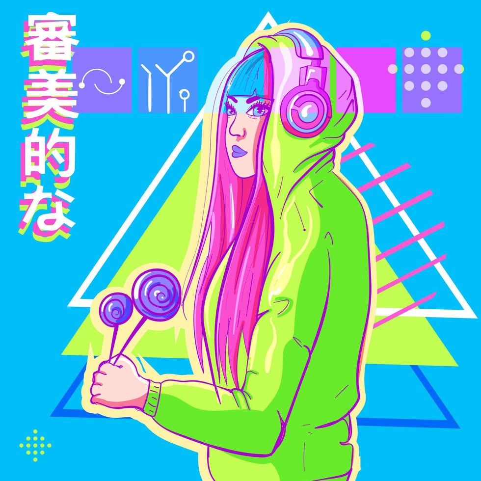 Conceptual art of a girl in green hoodie wearing headphones on a virtual reality world. Science fiction background with triangles and chinese words. vector