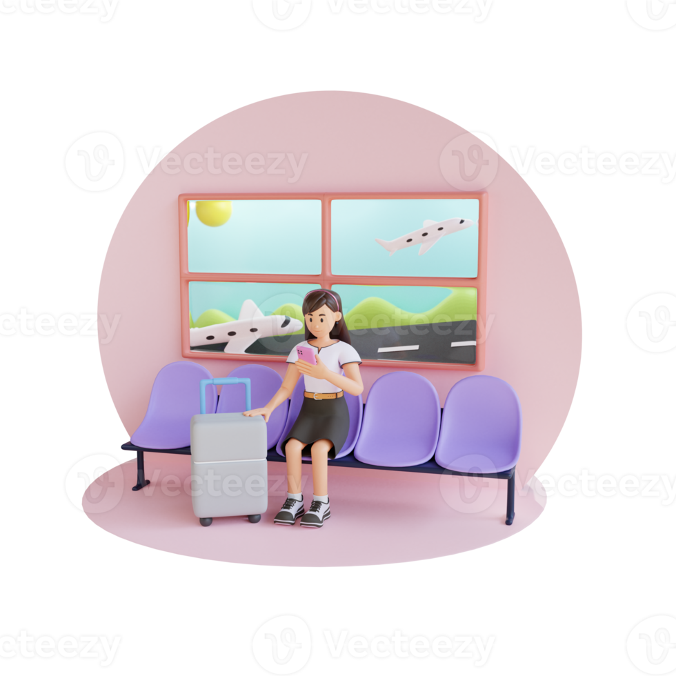 young girl sitting on waiting chairs at the airport 3D character illustrationyoung girl sitting on the airport waiting chair with suitcase 3D character illustration png