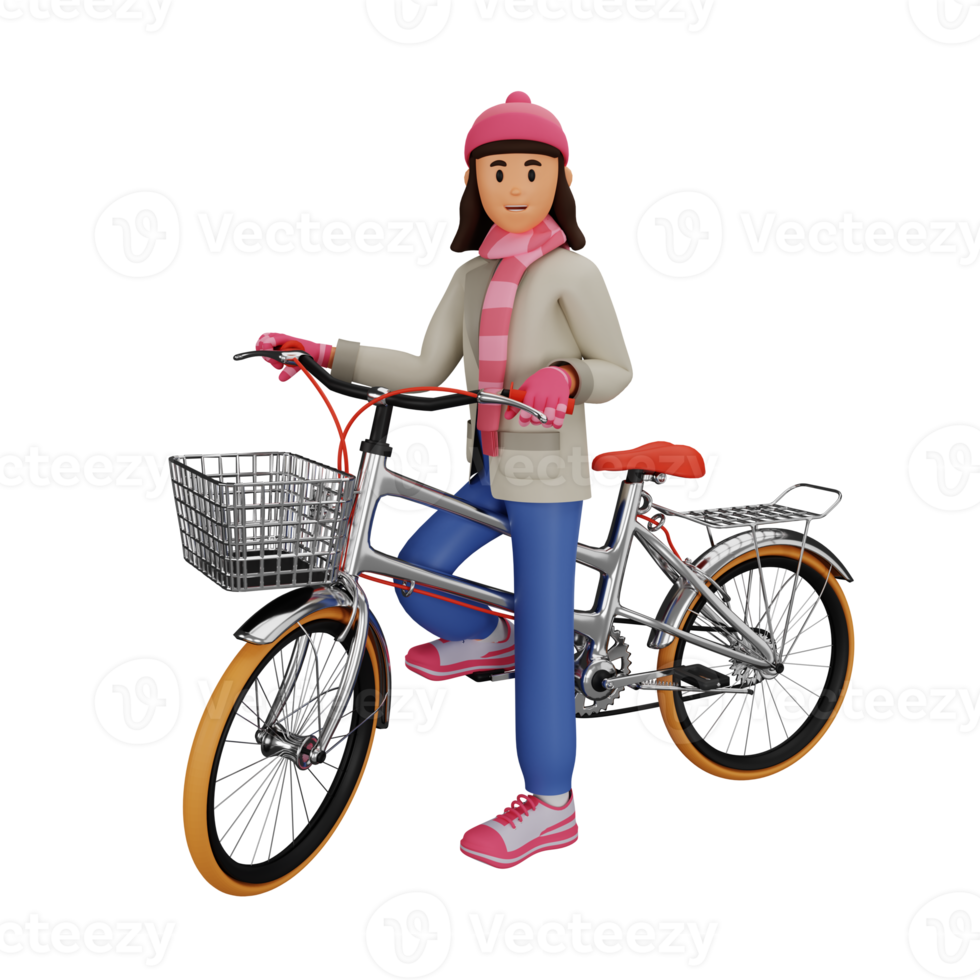 ilustración de personaje de dibujos animados 3d de mujer joven montando bicicleta png