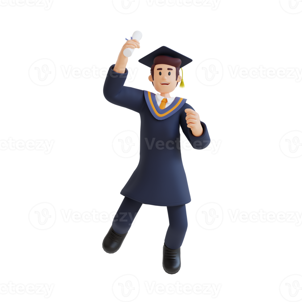 young man jumping while holding diploma graduation 3d character illustration png