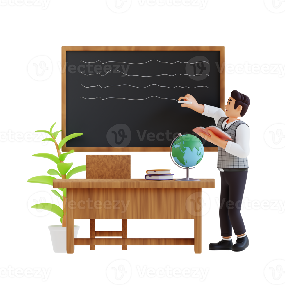 maschio insegnante scrittura su il lavagna 3d personaggio illustrazione png