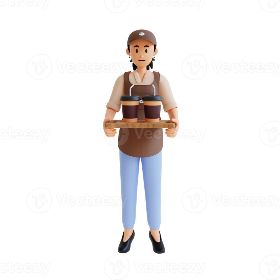 female barista carrying coffee orders 3d character illustration png