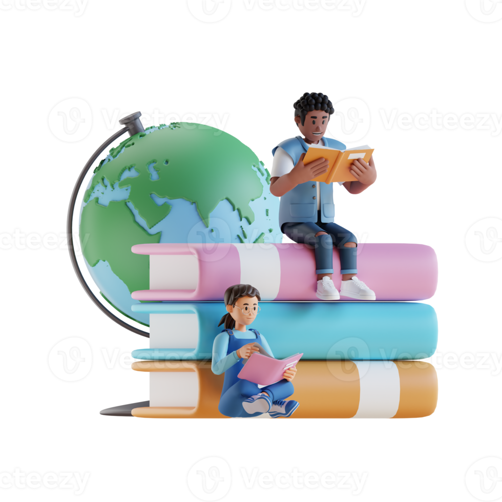 young man and girl sitting on stack of big books and reading 3d character illustration png