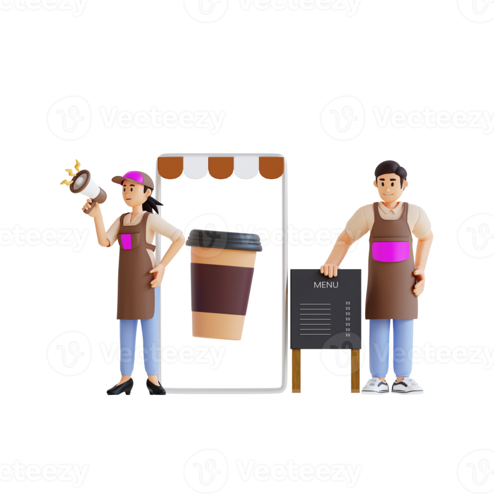 barista promoting coffee shop 3d character illustration png