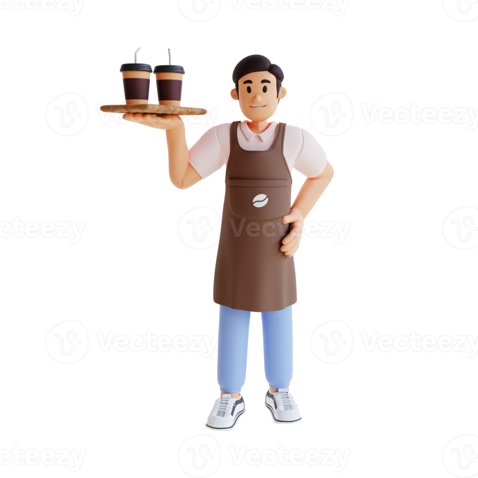 male barista carrying two cups of coffee a customer ordered 3d character illustration png
