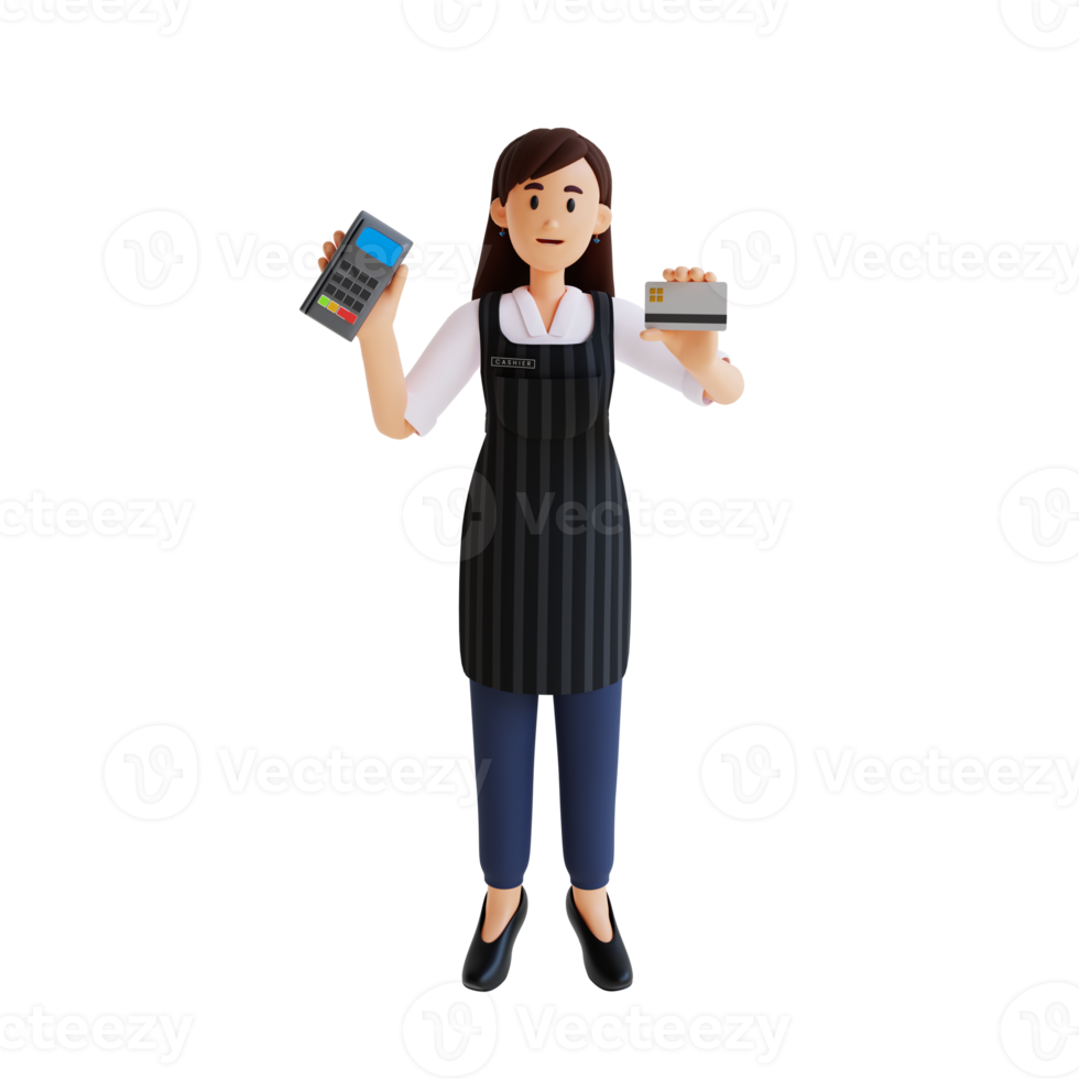 female cashier with credit card machine 3d character illustration png