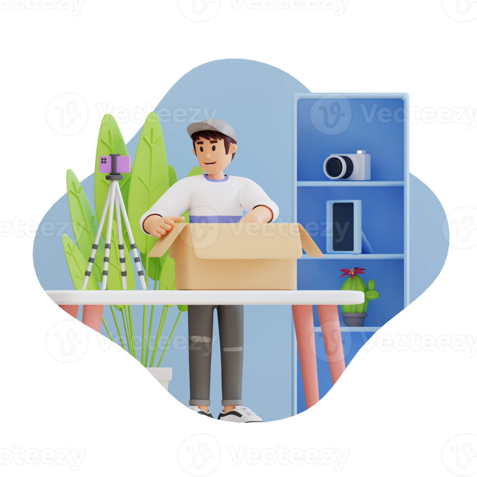 young boy making unpacking video content 3D character illustration png