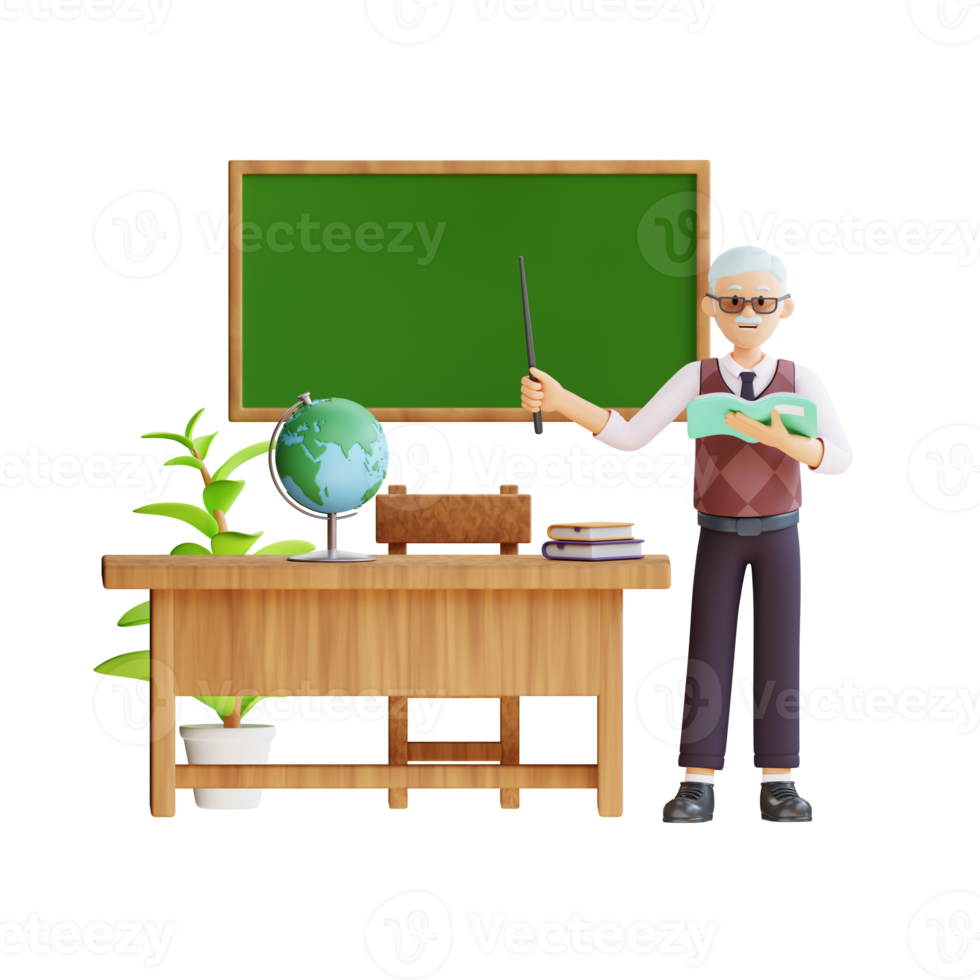 senior teacher is teaching in a class using a blackboard 3d character illustration png