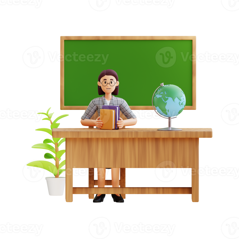 enseignante assise tout en organisant des livres sur la table illustration de personnage 3d png