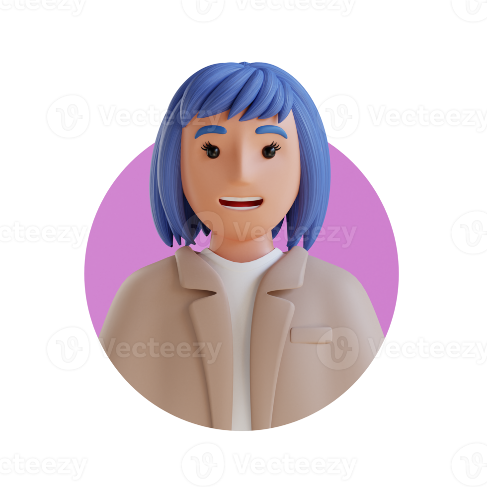 blue haired business woman 3D cartoon avatar portrait png