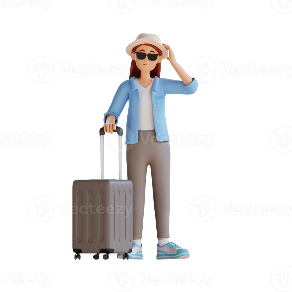 female tourist standing with suitcase and holding hat on head 3d character illustration png