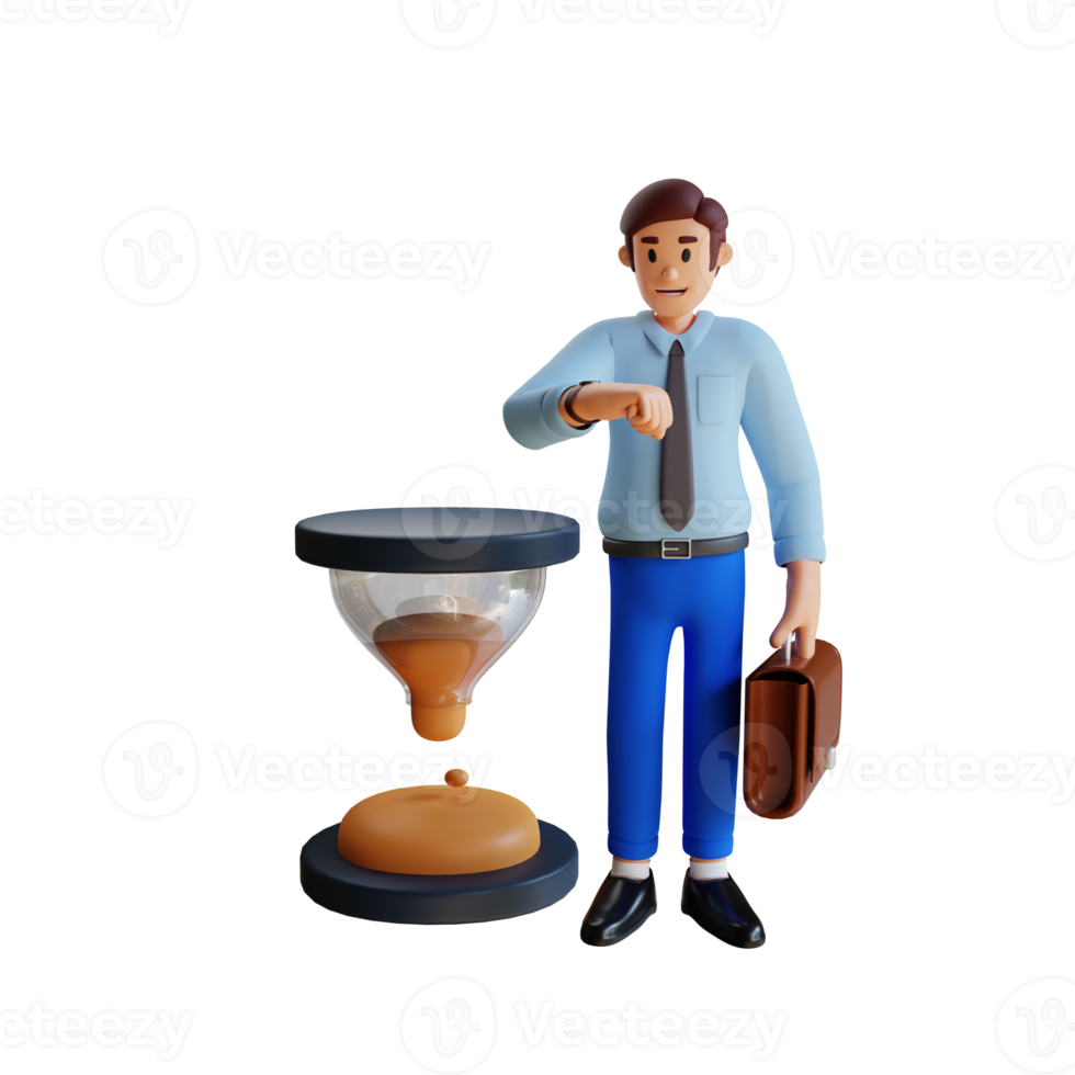 business man looking at watch with big hourglass 3d character illustration png